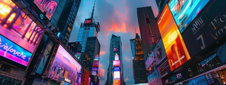 a vibrant city skyline at dusk, illuminated by digital billboards showcasing innovative ai-powered advertising solutions, symbolizing dynamic business success and technological advancement.