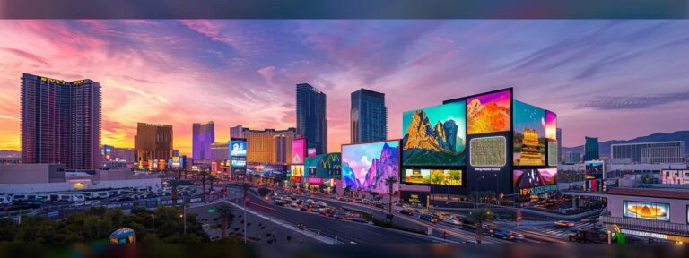 a vibrant city skyline at dusk, illuminated by colorful digital billboards promoting innovative ai ad generators, showcasing their value in modern marketing.