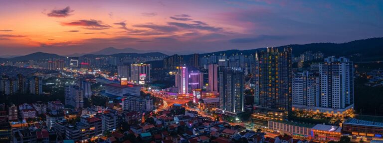 a vibrant cityscape at dusk, illuminated by neon signs showcasing diverse payment plans for innovative ai advertising services, capturing the essence of modern commerce and technology.