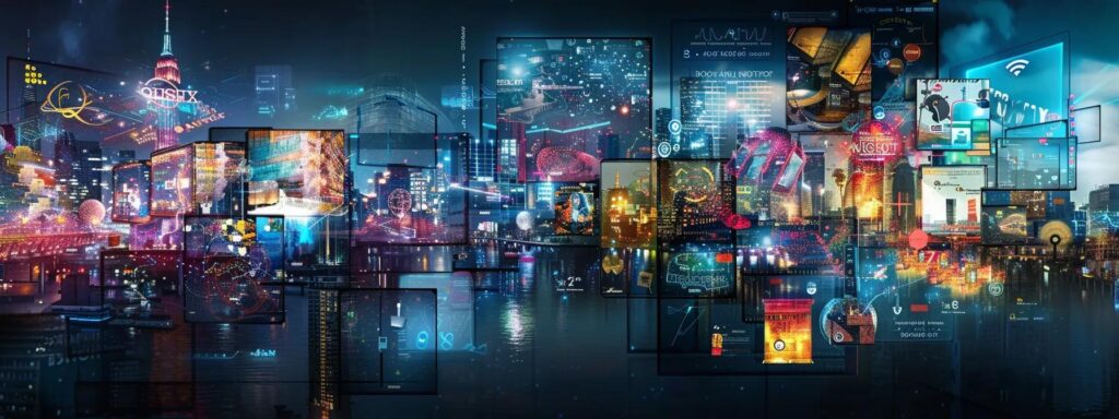 a vibrant digital collage depicting the financial advantages of ai-driven advertising, featuring abstract graphs, colorful data visualizations, and a futuristic city skyline in the background, all illuminated by soft, ambient lighting to convey innovation and progress.