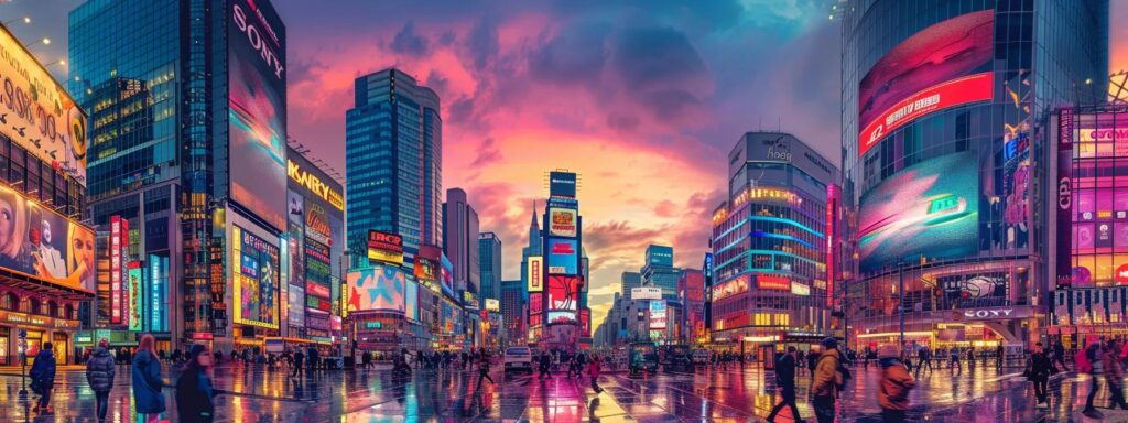 a vibrant digital collage showcases a futuristic cityscape, where personalized advertisements dynamically interact with diverse consumers, blending seamlessly into their surroundings under a glowing twilight sky.