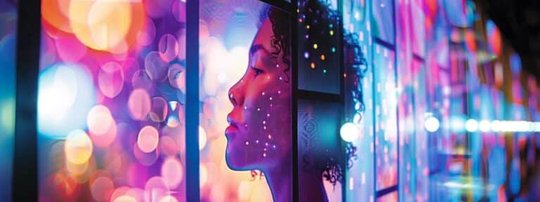 a vibrant digital interface displays dynamic ai-generated advertisements, showcasing innovative designs and striking colors that symbolize the future of marketing creativity.