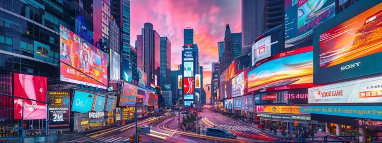 a vibrant digital landscape filled with diverse, colorful ai-generated advertisements, showcasing the evolution of marketing innovation against a backdrop of a modern city skyline at sunset.