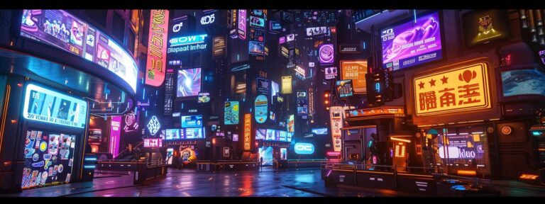 a vibrant digital landscape filled with futuristic ai interfaces and dynamic advertisements showcases the innovative power of ai ad generators, illuminated by a bright and engaging color palette.