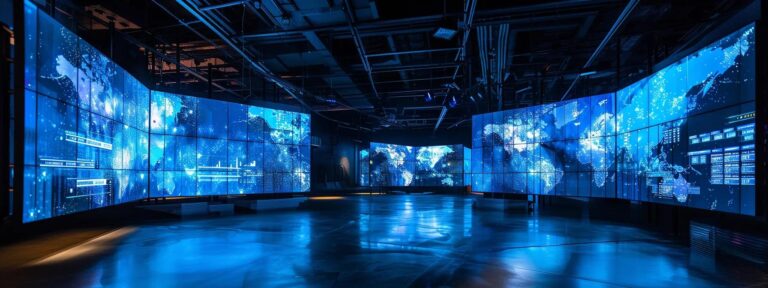 a vibrant digital landscape illuminated by futuristic screens displaying dynamic marketing analytics, symbolizing the transformative impact of ai technology on advertising.