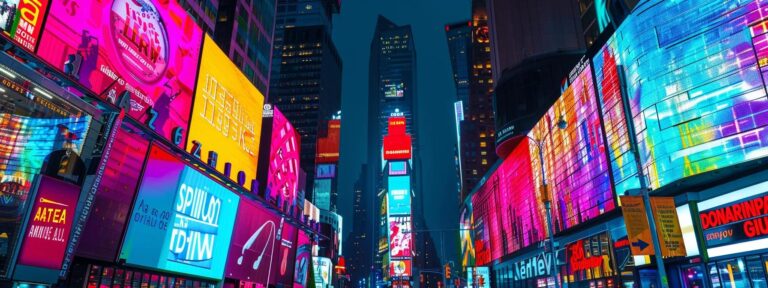 a vibrant digital landscape showcasing a futuristic city skyline illuminated by colorful billboards, symbolizing the bold shift from traditional advertising to innovative ai-driven marketing strategies.