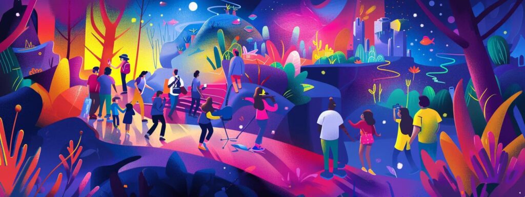 a vibrant digital landscape showcasing diverse users collaboratively creating and sharing content on an ai ugc platform, illuminated by dynamic infographics illustrating subscription features and benefits.