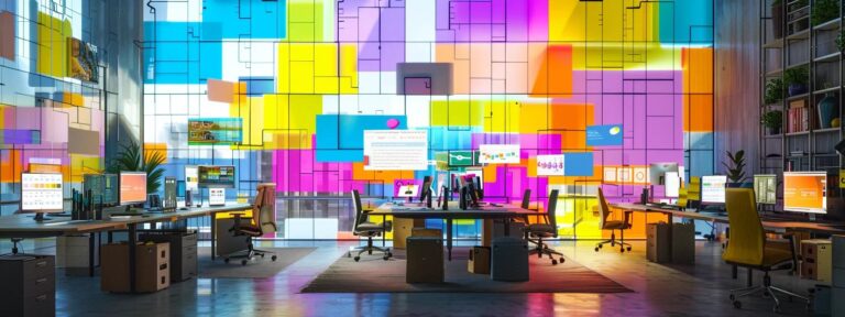 a vibrant digital marketing workspace brimming with colorful ai-generated ad mock-ups, showcasing the dynamic interplay of creativity and technology.
