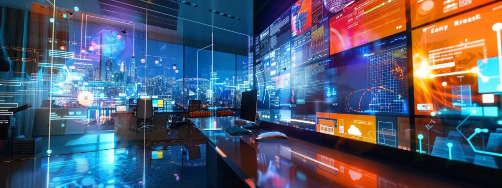 a vibrant digital workspace filled with innovative ai tools and a glowing screen showcasing cost-effective ad creation, radiating an atmosphere of creativity and efficiency.