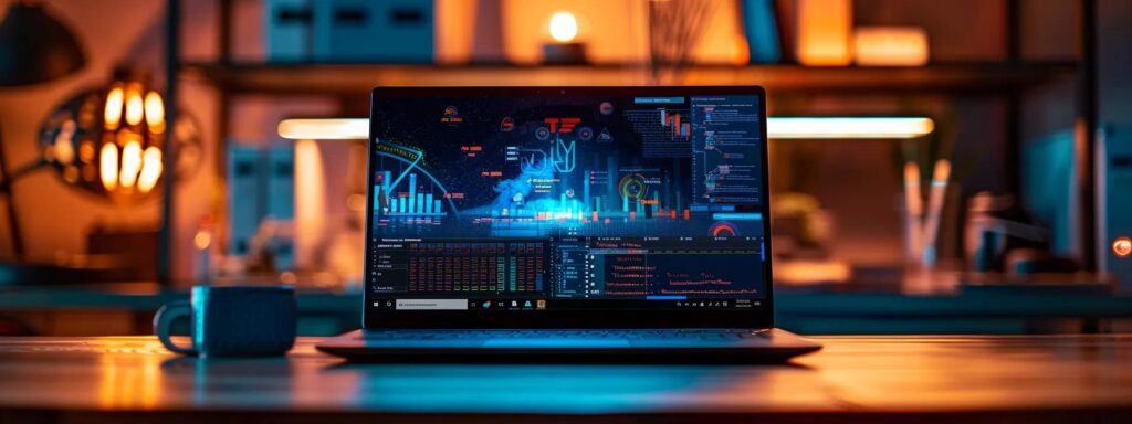 a vibrant digital workspace illuminated by a warm glow, showcasing a sleek laptop with lively graphics and engaging content displayed on the screen, symbolizing innovative ai marketing strategies.