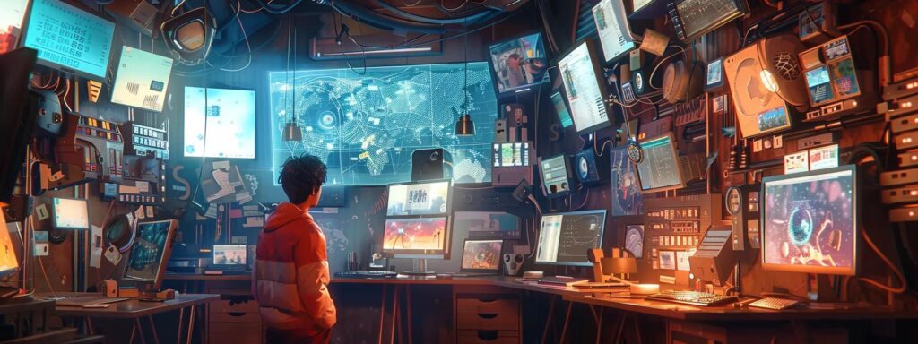 a vibrant, dynamic composition of a futuristic workspace, showcasing a sleek ai interface juxtaposed against a canvas filled with colorful, imaginative human-created art, illuminated by soft, ambient lighting that highlights the creative tension between technology and artistry.