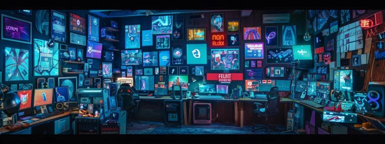 a vibrant, dynamic composition showcasing a futuristic workspace filled with various ai ad generator interfaces, each displaying unique and colorful advertisements that highlight their distinctive features against a sleek, high-tech backdrop.