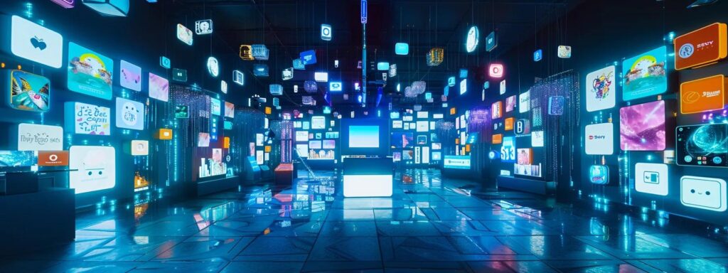 a vibrant, dynamic digital landscape showcases diverse user-generated content, featuring a colorful array of icons representing various subscription options within an ai-driven platform, illuminated by soft, engaging lighting that emphasizes creativity and connectivity.