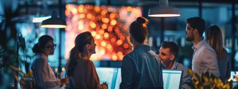a vibrant, dynamic office environment showcases an entrepreneurial team celebrating their success, illuminated by soft, warm light, with an ai-generated advertisement displayed prominently on a large screen in the background.