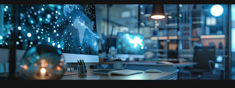 a vibrant, dynamic scene showcases an ai-driven digital interface, displaying tailored advertisements that radiate connection and engagement, set against a sleek, modern workspace illuminated by soft ambient light.