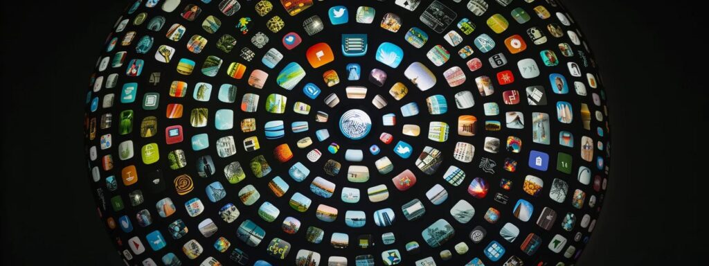 a vibrant, eye-catching display of diverse digital content icons is arranged in a circular pattern against a sleek, dark background, symbolizing the dynamic subscription packages of ai user-generated content platforms.