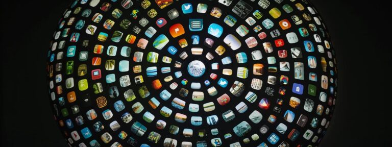 a vibrant, eye-catching display of diverse digital content icons is arranged in a circular pattern against a sleek, dark background, symbolizing the dynamic subscription packages of ai user-generated content platforms.