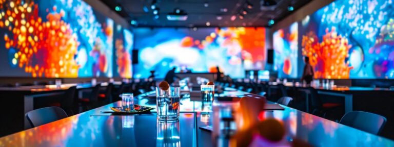 a vibrant, futuristic advertising competition unfolds in a sleek, modern conference room, showcasing innovative ai-generated ads projected onto large screens, with creative minds passionately discussing the limitless possibilities of technology.