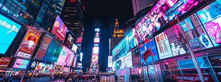 a vibrant, futuristic city skyline illuminated by dynamic digital billboards showcases the innovative impact of ai advertising, emphasizing its superiority over traditional marketing strategies.