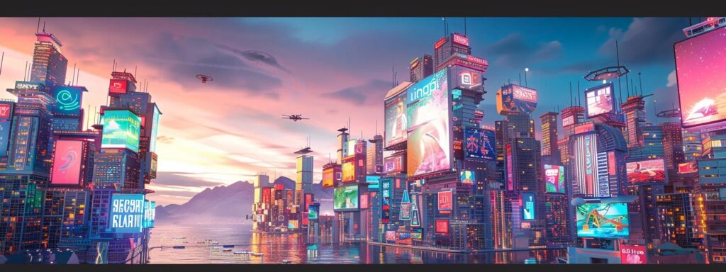 a vibrant, futuristic cityscape bustling with dynamic digital billboards, showcasing an innovative ai ad campaign that captures attention through bright colors and engaging visuals under a twilight sky.