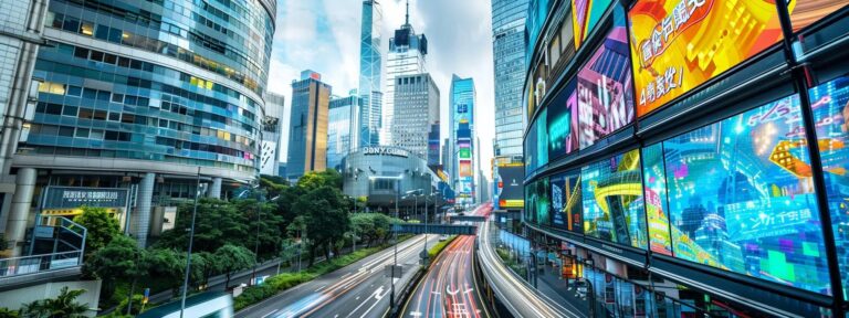 a vibrant, futuristic cityscape showcases a dynamic clash between sleek digital billboards and vintage-style painted advertisements, symbolizing the evolution of advertising methods.