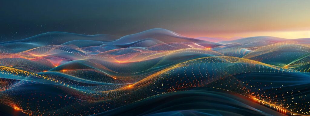 a vibrant, futuristic digital landscape showcasing dynamic, interconnected data streams and glowing graphs, symbolizing the transformative power of ai advertising in maximizing return on investment.