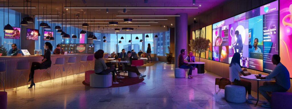 a vibrant, futuristic office space filled with diverse professionals collaborating over digital screens showcasing dynamic ai-generated advertising campaigns, illuminated by soft, ambient lighting that highlights their enthusiasm and innovation.