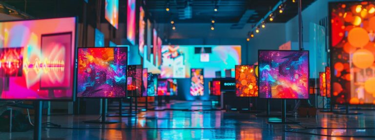 a vibrant, futuristic workspace showcases a diverse array of ai ad generator interfaces on sleek monitors, illuminated by soft, ambient lighting that highlights their innovative features and pricing options, creating an inviting atmosphere for digital marketing professionals.