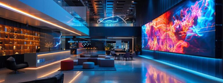 a vibrant, futuristic workspace showcases a large screen displaying dynamic ai-generated advertisements, illuminated by soft led lighting and surrounded by sleek, modern furniture.