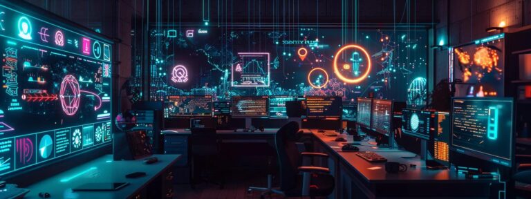 a vibrant, futuristic workspace filled with advanced ai tools displays a dynamic digital marketing strategy in action, illuminated by sleek screens and colorful graphics that convey innovation and creativity.