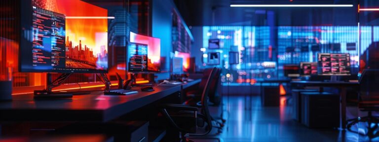 a vibrant, futuristic workspace illuminated by soft, ambient lighting features a sleek digital display showcasing intricate pricing structures and dynamic features of ai ugc platforms, emphasizing innovation and strategy.