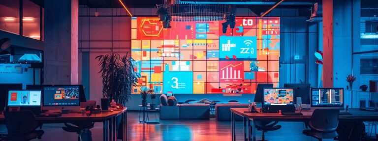 a vibrant, futuristic workspace illuminated by soft natural light, featuring a large screen displaying dynamic, colorful ai-generated advertisements, symbolizing the innovative benefits of ai ad generator tools for businesses.