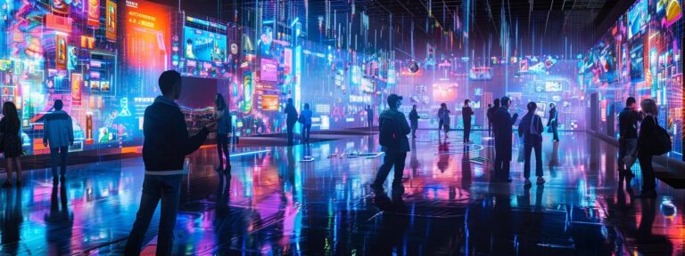 a vibrant, futuristic workspace showcases a collaborative team surrounded by dynamic holographic displays, visually illustrating the transformative impact of ai on advertisement creation.