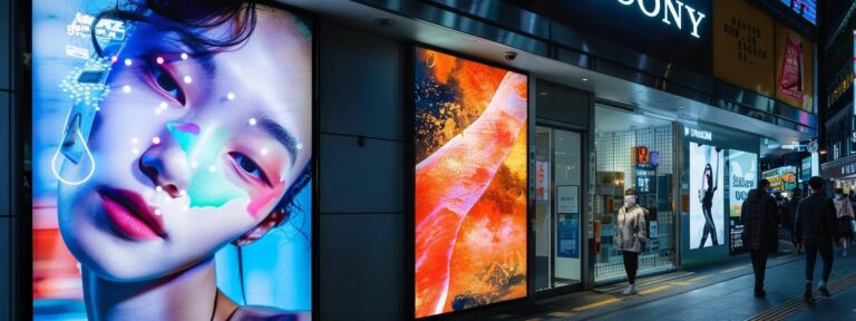 a vibrant juxtaposition of a sleek, modern ai interface engulfed in dynamic digital elements, contrasted against a vintage advertising billboard, symbolizing the clash between innovative technology and traditional marketing methods.