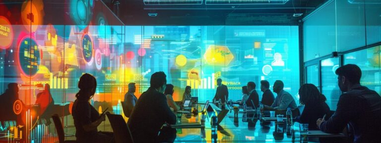 a vibrant meeting room filled with engaged professionals brainstorming around a modern table, with colorful charts and graphs depicting audience feedback projected on the walls, encapsulating the theme of enhancing ai advertising impact.