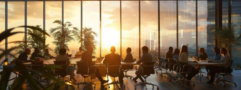 a vibrant meeting room filled with diverse professionals engaged in a dynamic discussion about the advantages of long-term contracts with ai ugc providers, illuminated by warm, natural light filtering through large windows.