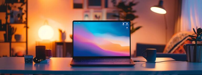 a vibrant, modern workspace features a sleek laptop displaying an intuitive ai ad generator interface, illuminated by soft ambient lighting that enhances the atmosphere of creativity and innovation.