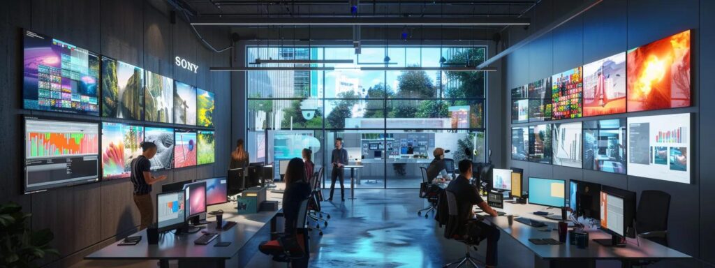 a vibrant, modern workspace filled with colorful digital screens showcasing ai-generated content, illustrating the enticing possibilities of free trial opportunities in ugc services.