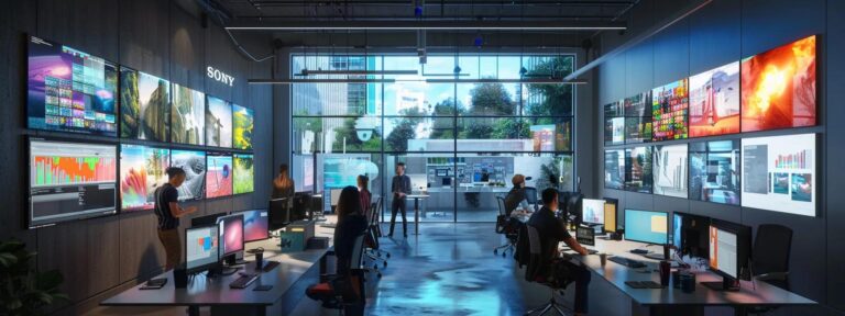 a vibrant, modern workspace filled with colorful digital screens showcasing ai-generated content, illustrating the enticing possibilities of free trial opportunities in ugc services.