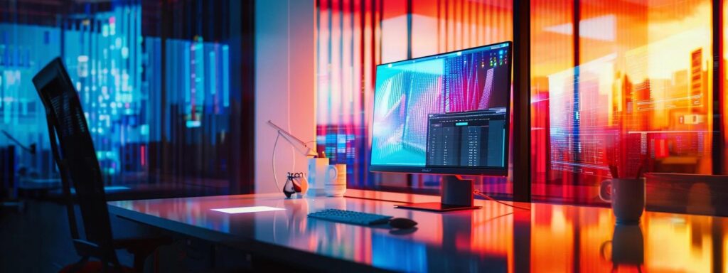 a vibrant, modern workspace illuminated by soft, diffused light, showcasing a sleek computer screen displaying a dynamic ai ad generator interface, symbolizing the fusion of technology and creativity in brand communication.