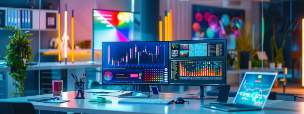 a vibrant, modern workspace showcasing sleek digital devices and colorful marketing visuals, symbolizing the cutting-edge potential of ai ad generation tools in enhancing marketing strategies.