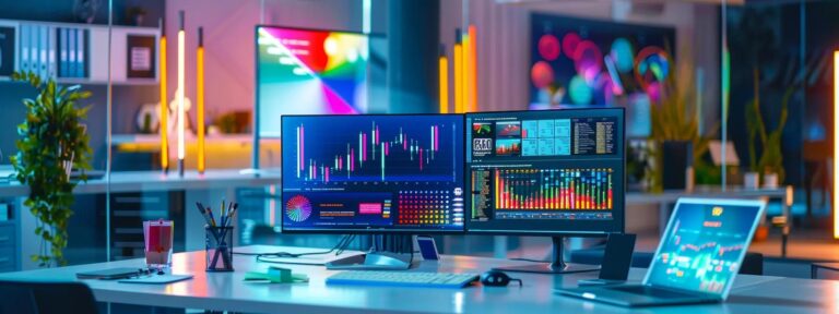a vibrant, modern workspace showcasing sleek digital devices and colorful marketing visuals, symbolizing the cutting-edge potential of ai ad generation tools in enhancing marketing strategies.