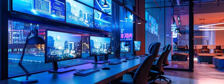 a vibrant, modern workspace showcasing a sleek computer screen displaying captivating ai ad tools, illuminated by soft, focused lighting that enhances the atmosphere of innovation and productivity.