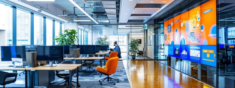 a vibrant office workspace filled with innovative digital screens displaying dynamic ai ad campaign metrics, bathed in bright, natural light that highlights the seamless integration of technology and creativity.