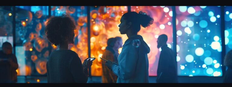 a vibrant scene showcasing a diverse group of individuals engaging in a collaborative brainstorming session, surrounded by dynamic digital displays illustrating the impact of ai-generated content on brand authenticity, bathed in warm, inviting light.