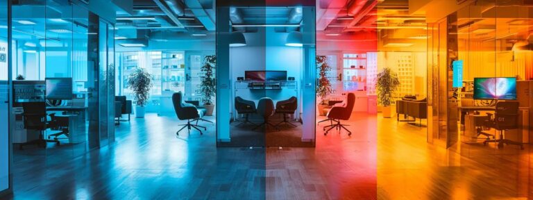 a vibrant, side-by-side comparison of ai-generated advertisements and traditional marketing materials, showcasing distinct performance metrics in a sleek, modern office environment with dynamic lighting that emphasizes innovation and adaptability.