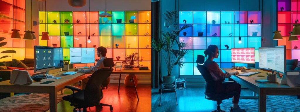 a captivating digital landscape illustrates the contrast between genuine free trials and misleading demos, featuring a surreal pathway divided by vibrant colors symbolizing authenticity on one side and shadowy illusions on the other, under a dramatic twilight sky.