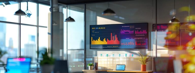 a vibrant startup office bathed in natural light, showcasing a large screen displaying an engaging comparison of various ai ad generators, with dynamic graphs and bold visuals illustrating their roi effectiveness.
