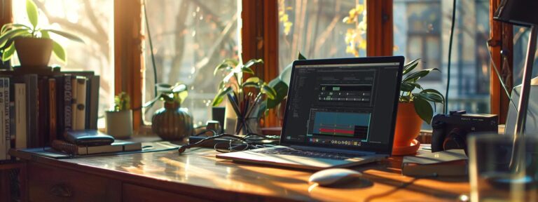 a vibrant workspace brimming with creativity, showcasing a sleek laptop displaying an intuitive ai ad creation tool interface, illuminated by warm, natural light filtering through large windows, evoking a sense of modern innovation and ease of use.