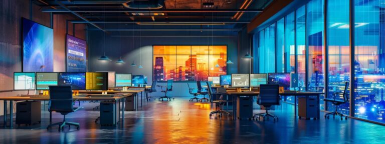 a vibrant workspace filled with innovative digital tools and ai displays, showcasing the seamless integration of technology for small business advertising solutions.